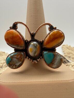 Artisan Tripple Spiny Oyster Turquoise Butterfly Copper Statement Ring Adj Boho